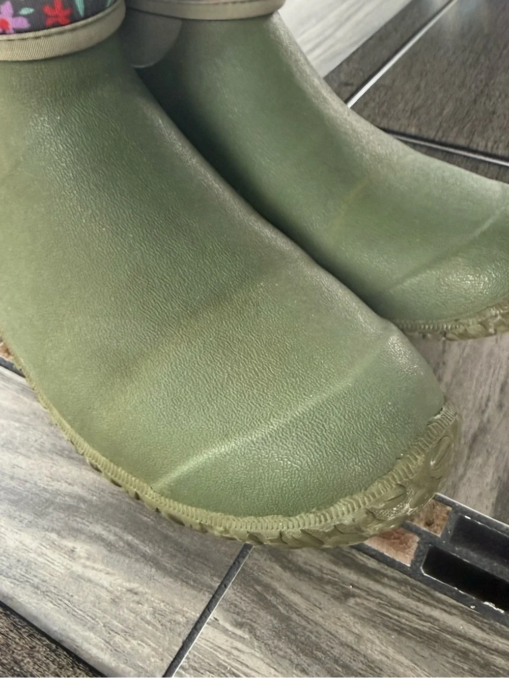Womens Olive Green Waterproof Ankle Rain Boots with Floral Cuff